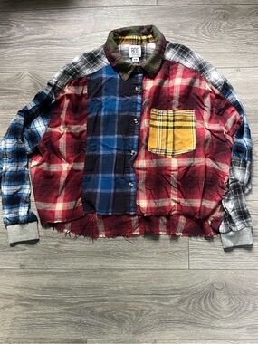 BDG Women's Mixed Plaid Button-Up Shirt Jacket - Red, Blue, Yellow Accents